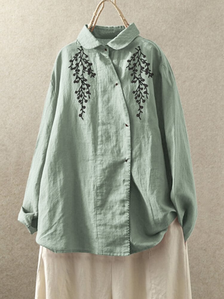 Vintage Embroidered Flower Button Turn down collar Blouse P1579950