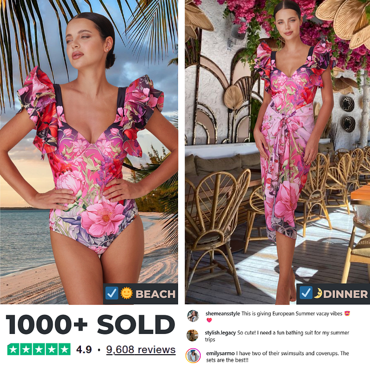 Ruffled Blooming Flowers Print One Piece Swimsuit and Sarong