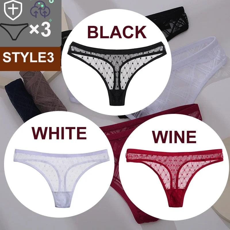 FINETOO 3PCS/Set Sexy Floral Transparent Women Thongs G-string Lingerie Lace Panties Low-Waist Femme Girls Briefs Mesh Pantys