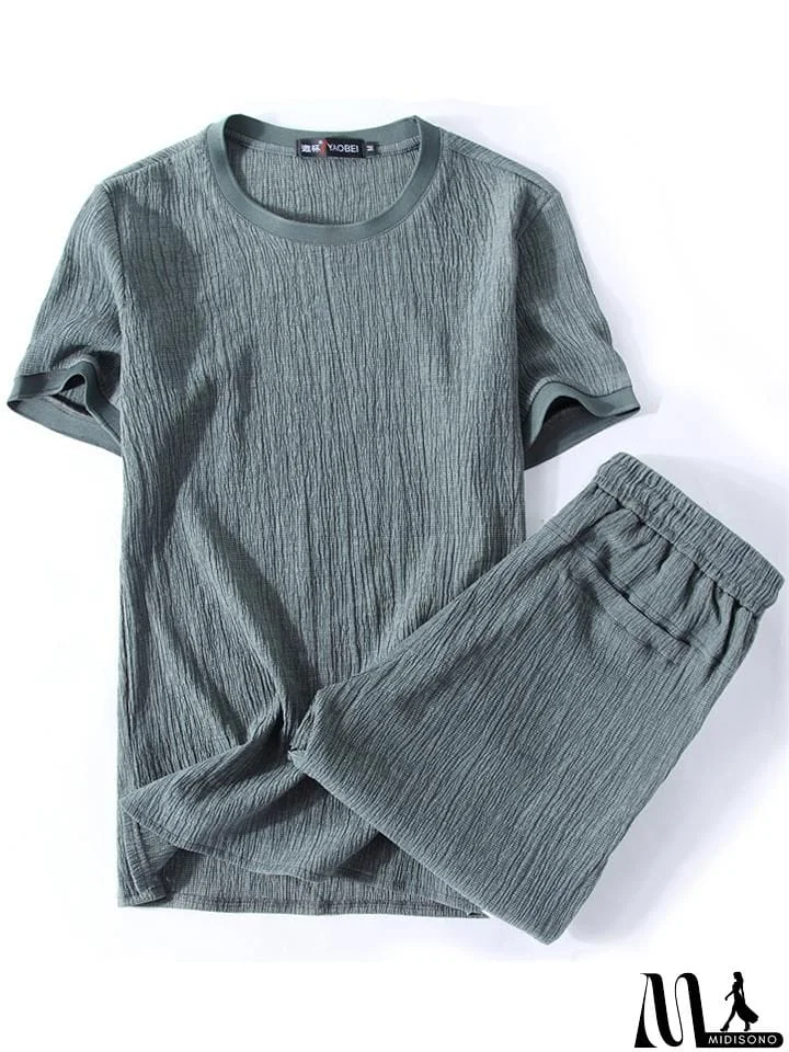 MidiSono - Leisurewear 2 Piece Outfit Round Neck Straight Hem T-Shirt + Elastic Waistband Pocket Pants
