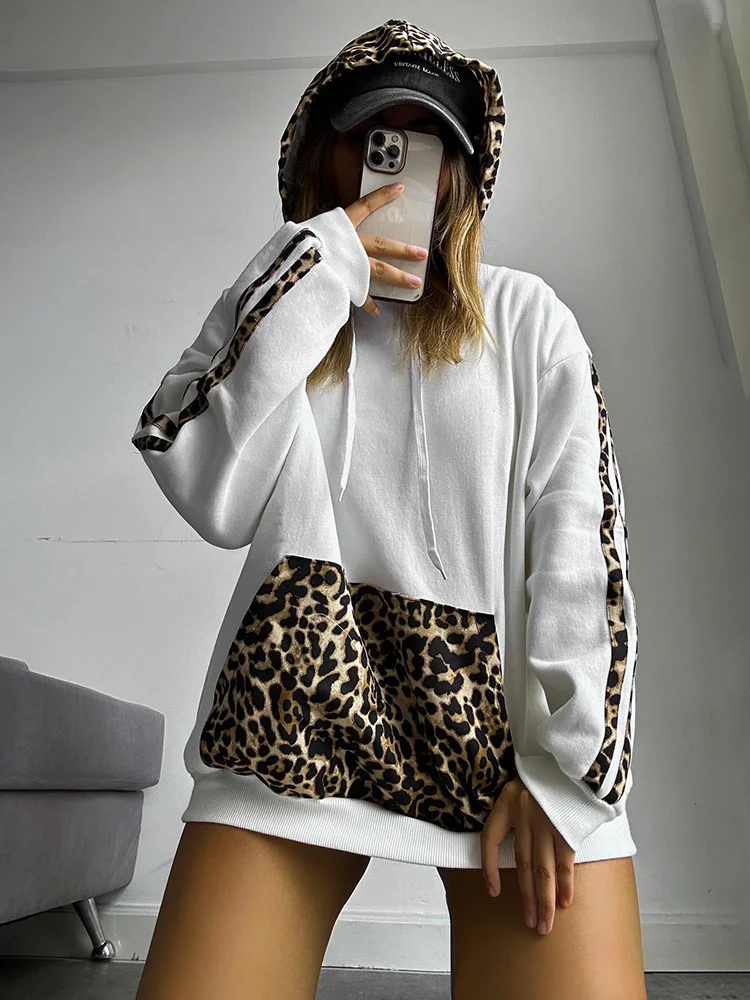 Uveng Uveng Has F24TP161 Women's Autumn And Winter New Leopard Splicing Drawstring Pocket Loose Casual Hooded Jacket
