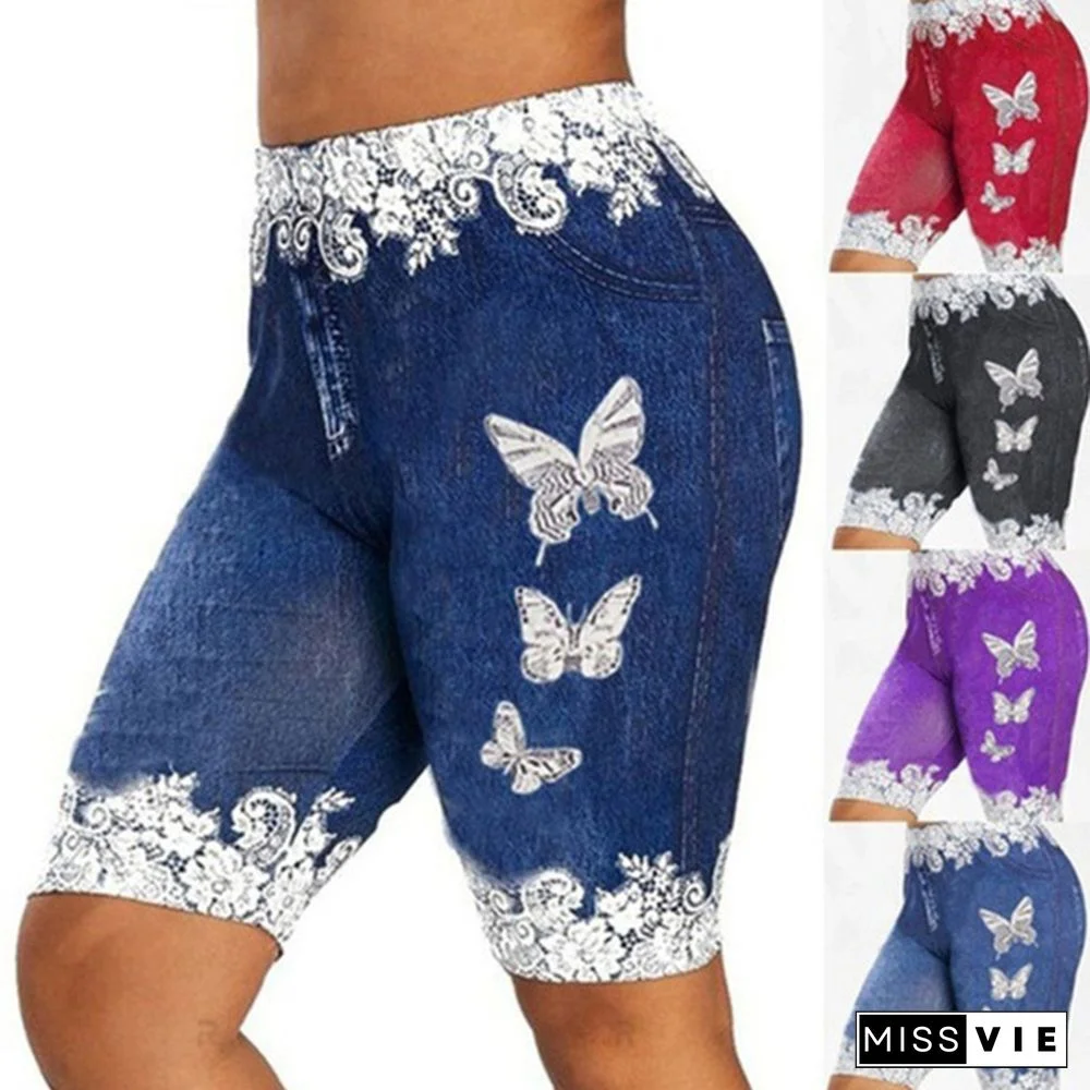 New Arrival Women Fashion Plus Size Skinny Butterfly Print Casual Jeggings Faux Denim Jean Shorts Pants