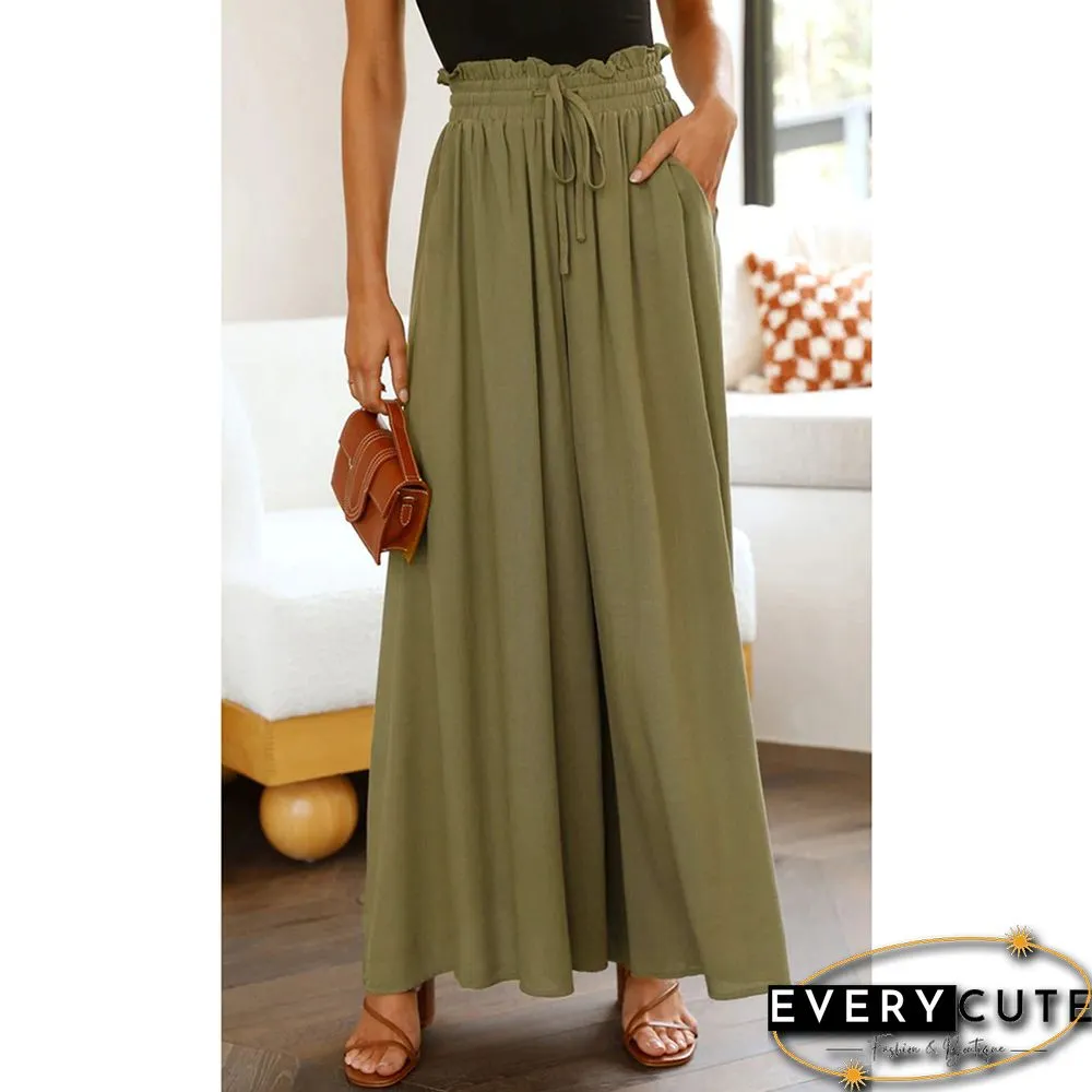 Army Green Elastic Waist High Waist Wide Leg Pants