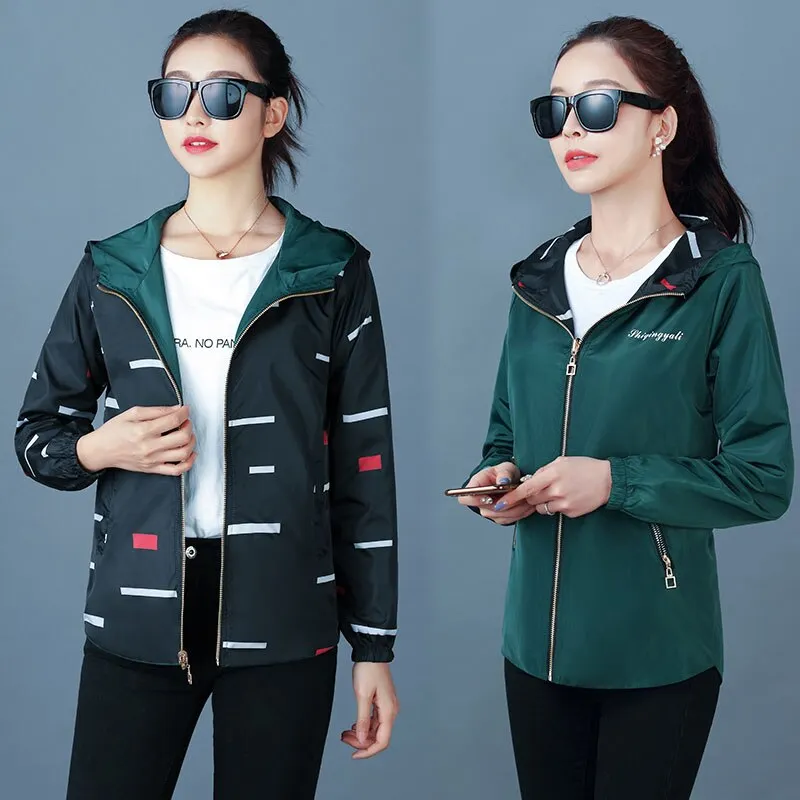 NEEDBO Women Hooded Jackets Two Side Wear Print Outwear Coat Female Windbreaker Tops Pocket Zipper Jackets Causal Windbreaker