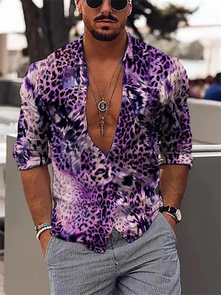 Men's Fall and Winter Models 3D Printing Lapel Cardigan Long-sleeved Purple Green Lapel Shirt-Cosfine