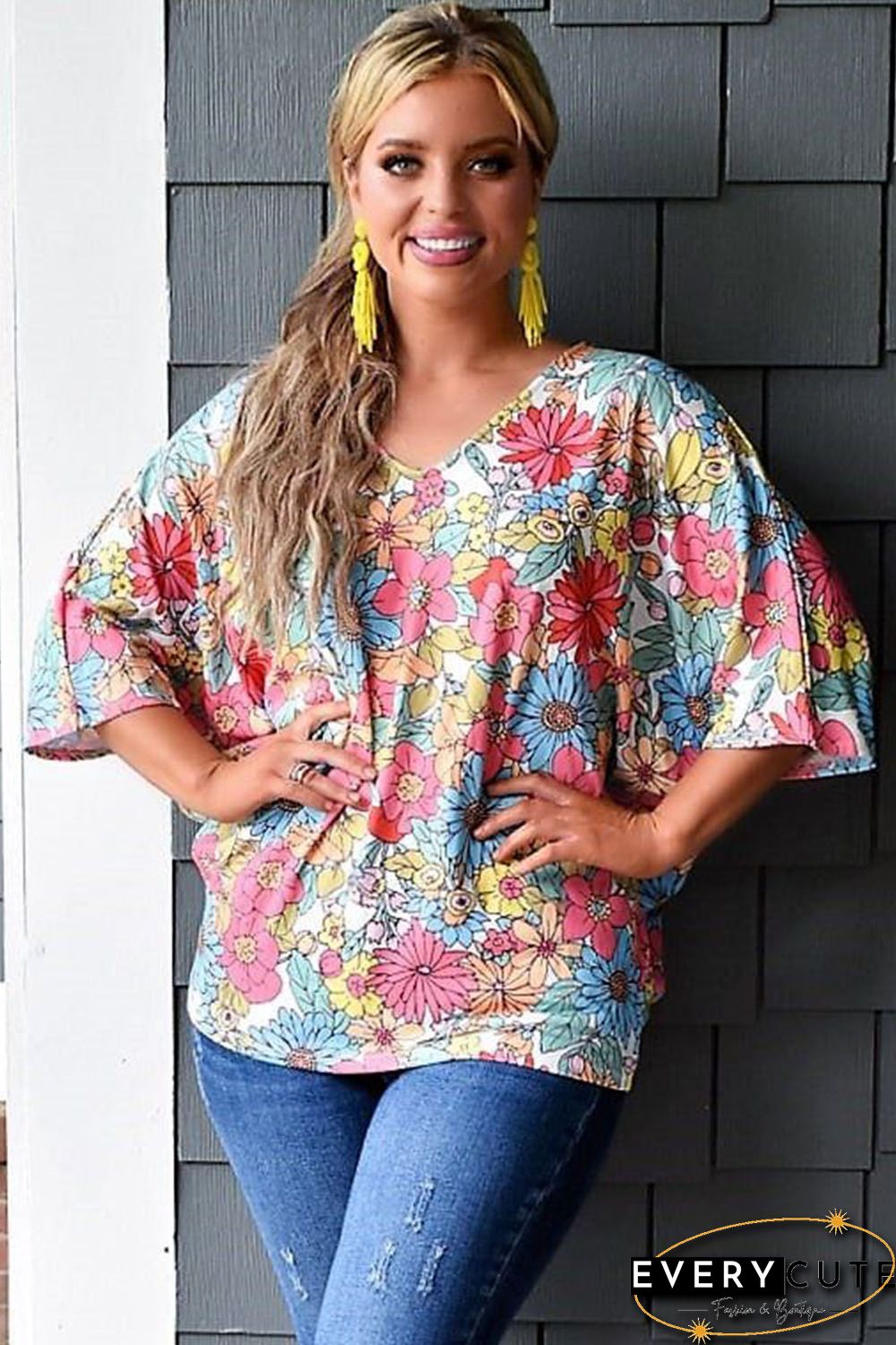 Multicolor Floral Print V Neck Half Sleeve Blouse