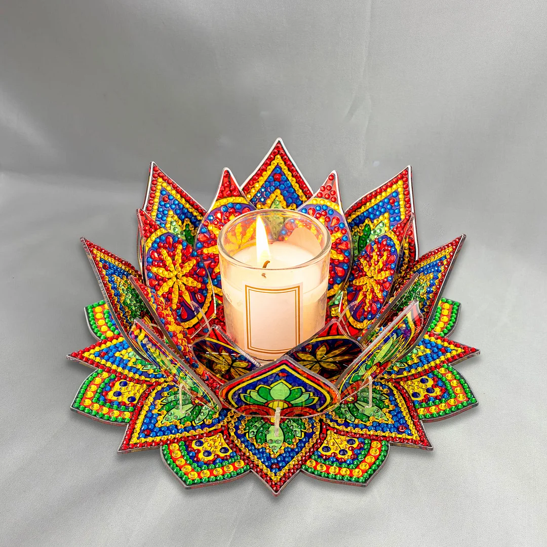 5D DIY Diamond Art Painting DIY Acrylic Desktop Ornament Flower Candle Holders Tealight Handmade Home Office Decor for Adults Beginners ( Yellow and Green Lotus-A)