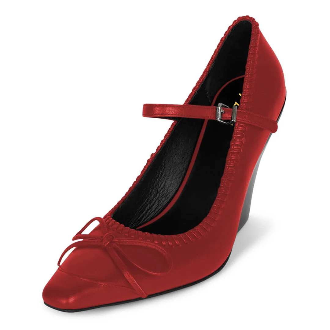 YDN Red Vegan Leather Bow Square Toe Chunky Heeled Mary Janes
