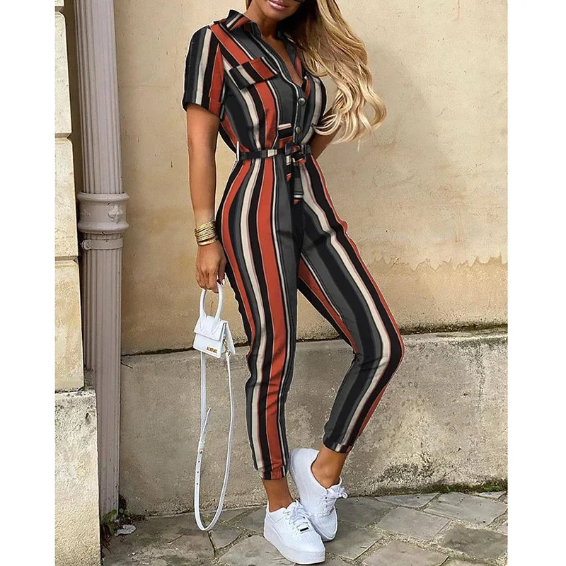 Women's Casual Lapel Printed Belt Tooling Jumpsuit Casual Suit