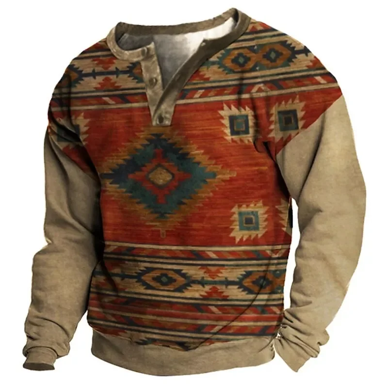 Men's Casual Indians Totem Print Round Neck Long Sleeved Henry Shirt