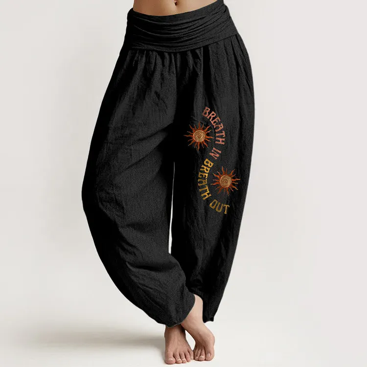 Cotton Warm Tones Sun English Phrases Pattern Women's Elastic Waist Harem Pants