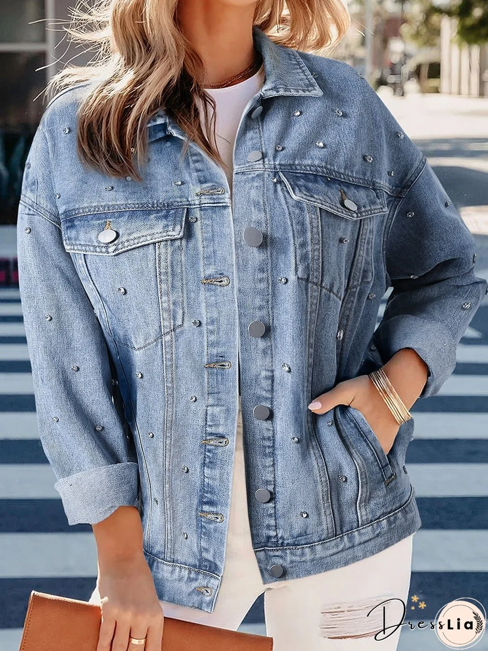 Light Wash Denim Jacket with Crystal Detail