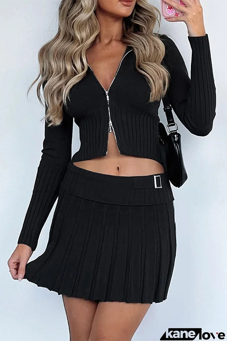 Sexy Solid Fold Zipper Turndown Collar Long Sleeve Two Pieces