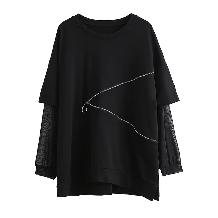 Niche Design Splicing Mesh Long Sleeve T-Shirt - yankia