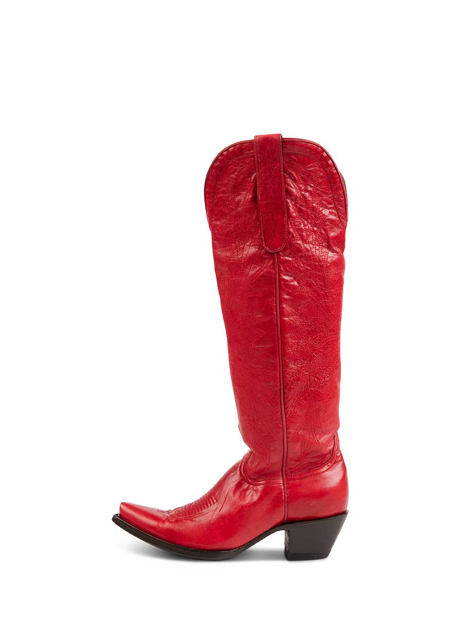 Red Vegan Leather Pointed Toe Embroidered Knee High Boots With Chunky Heels 