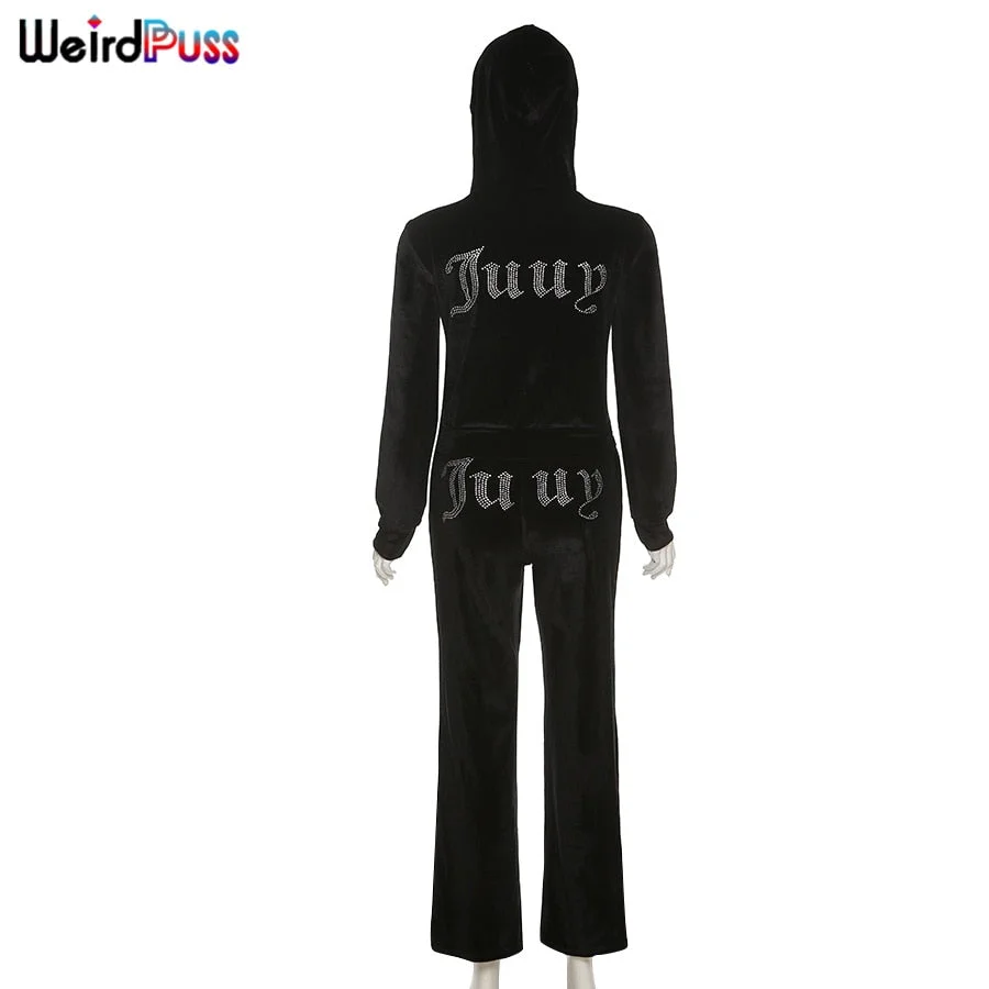 Weird Puss Rhinestone Letter Velvet Tracksuit Women Pocket Hoodie Sweatshirt+Casual Pants Autumn Streetwear Matching Suit Outfit