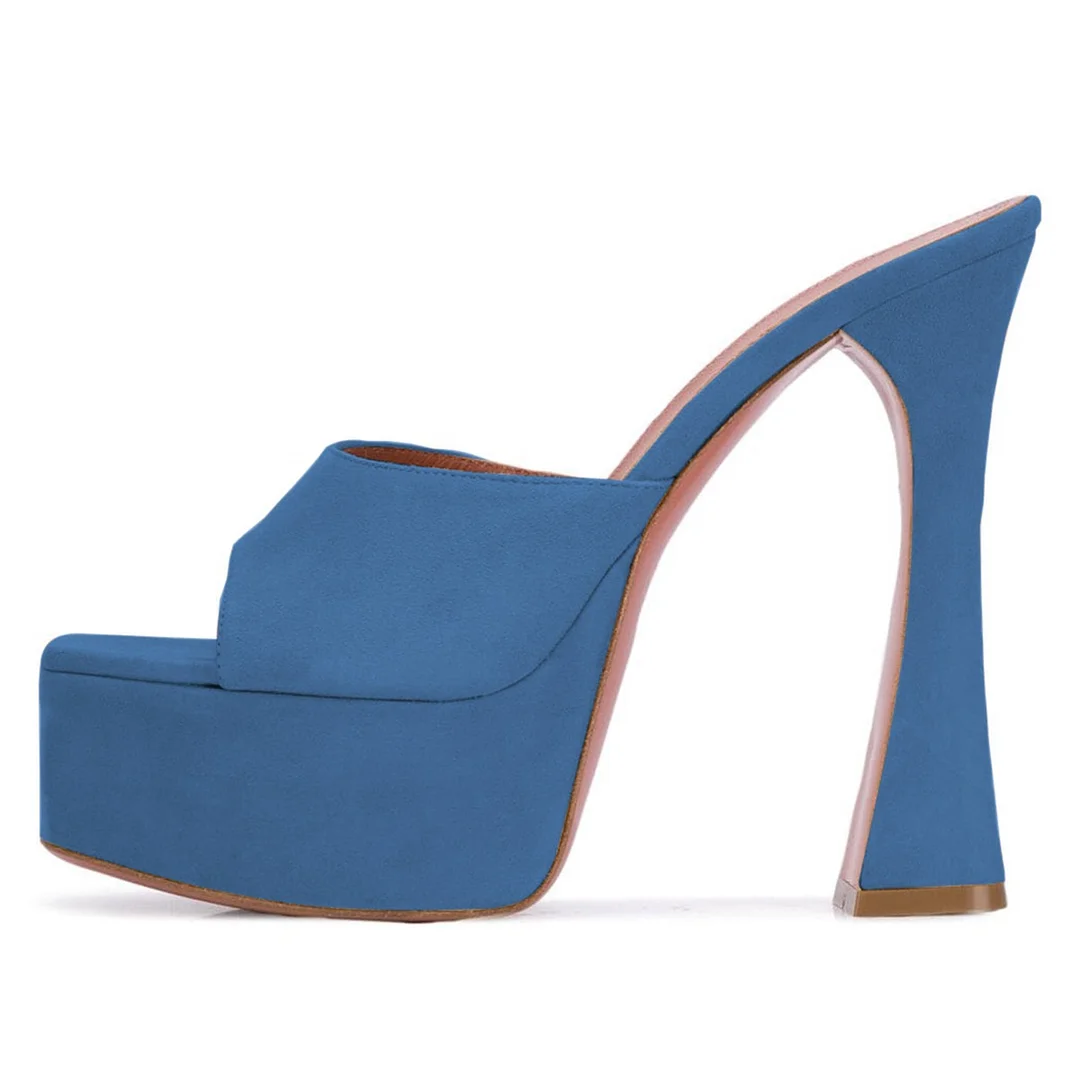 Elegant Blue Wide Strap Square Toe Platform High Heel Mules for Women