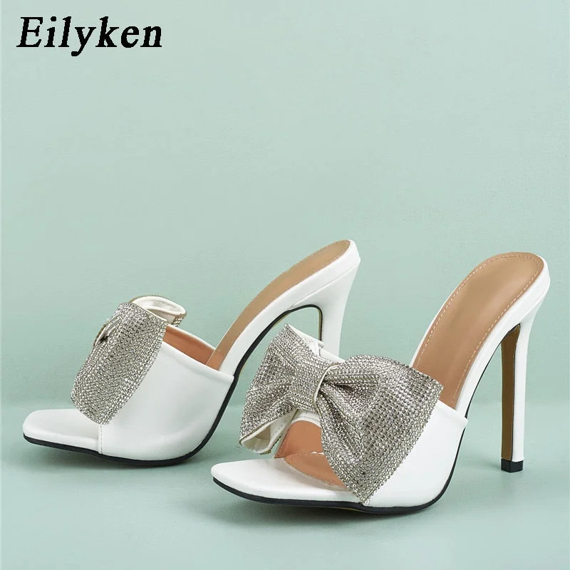 Eilyken Summer Women High Heels Mules Slippers Female Peep Toe Stiletto Heels Slippers Silver Bling Butterfly-knot Shoes