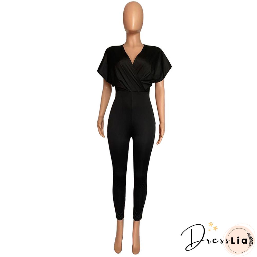 V Neck Short Sleeve High Waist Skinny Jumpsuits