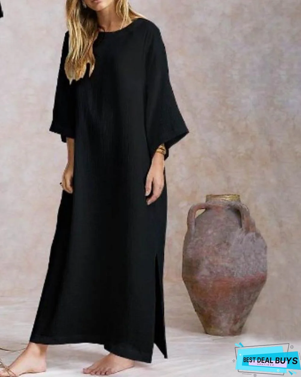 Women's Loose Maxi Long Dress 3/4 Length Sleeve Solid Color Split Spring Summer Hot Cotton White Black Khaki White Dresses