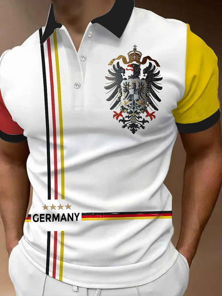 Men's German Eagle and Hohenzollern Shield Print Short Sleeve Zip-Up Polo Shirt