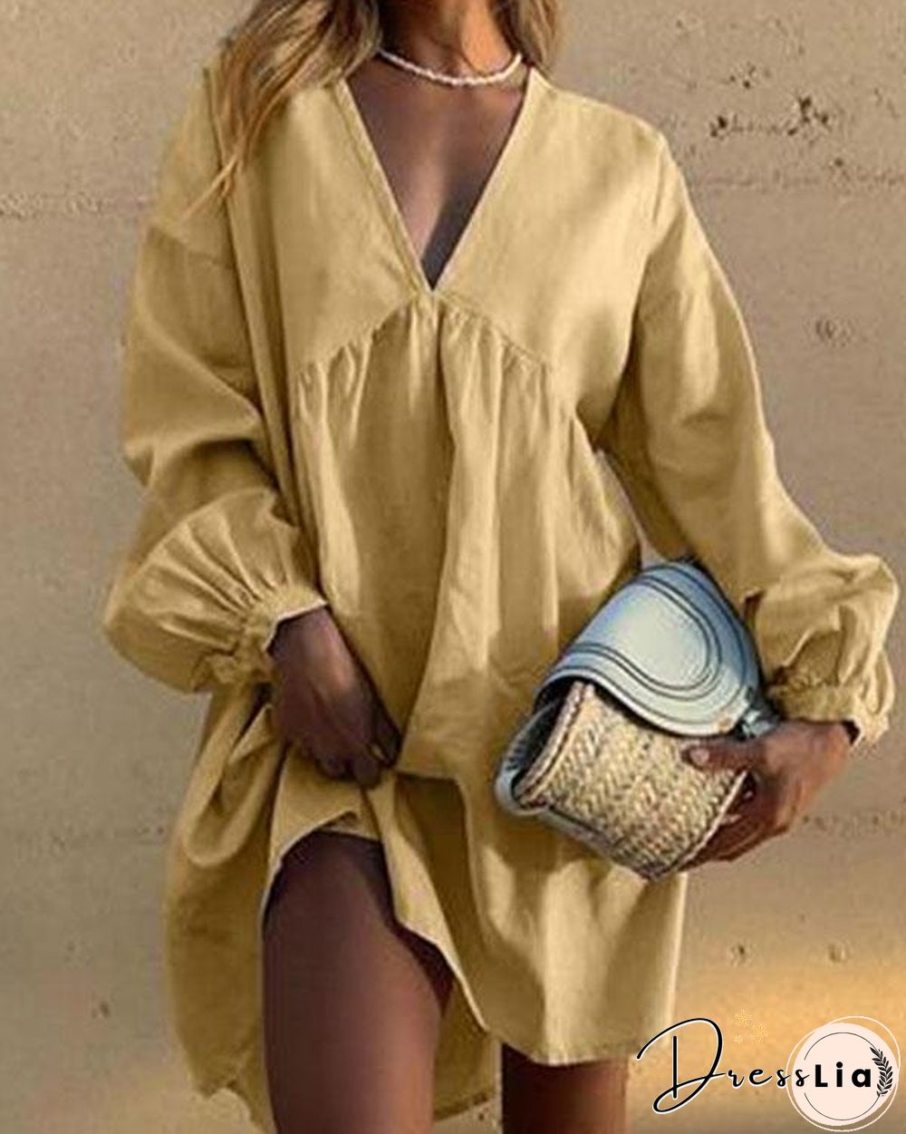 Linen Cotton V Neck Pleated Lantern Sleeve Mini Dress Casual Dress