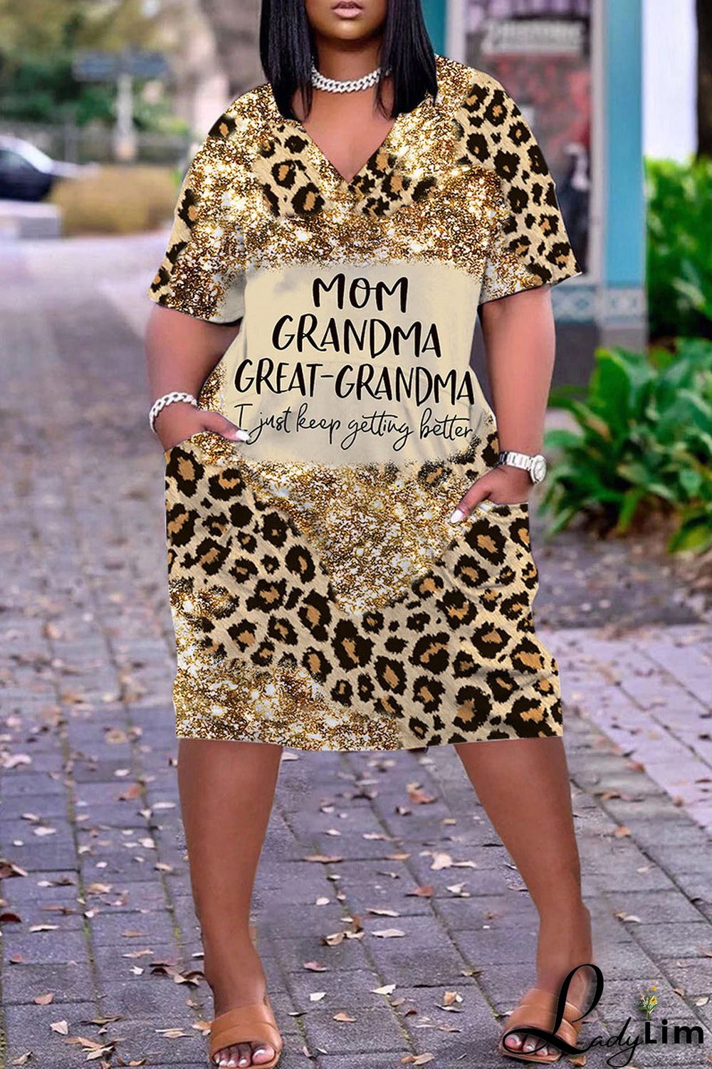 Light Brown Casual Work Print Patchwork V Neck Straight Dresses