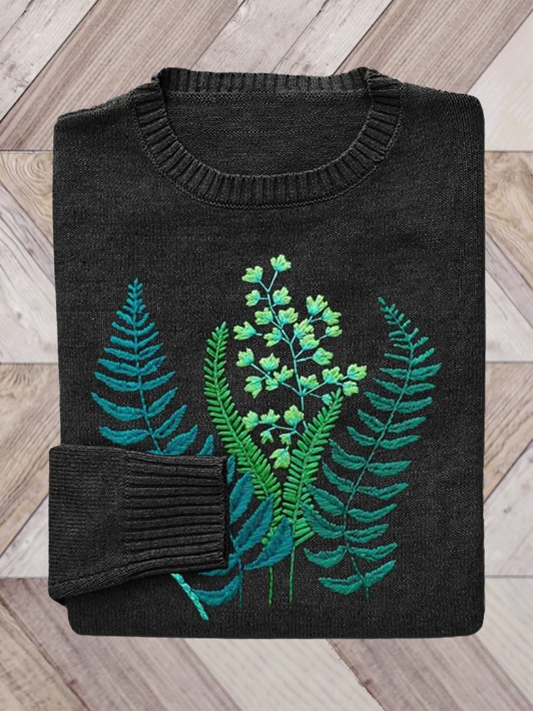 🔥kukelife🔥Forest Fern Embroidery Art Knit Sweater