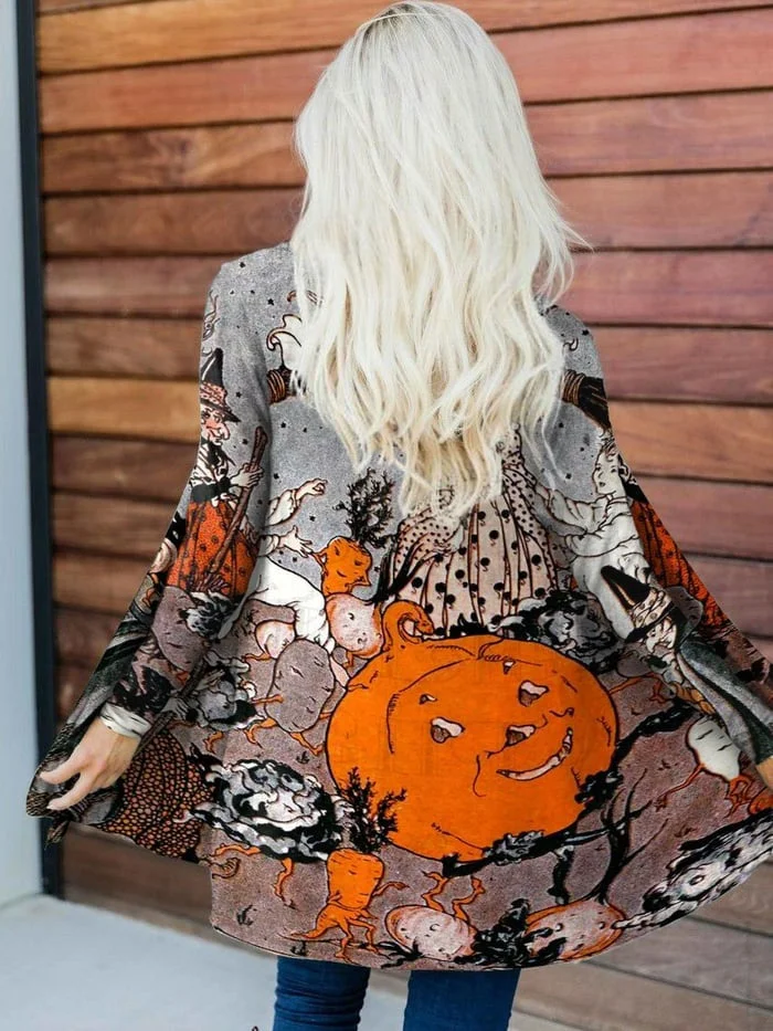 Women's Vintage Halloween Witch Broom Pumpkin Print Cardigan socialshop