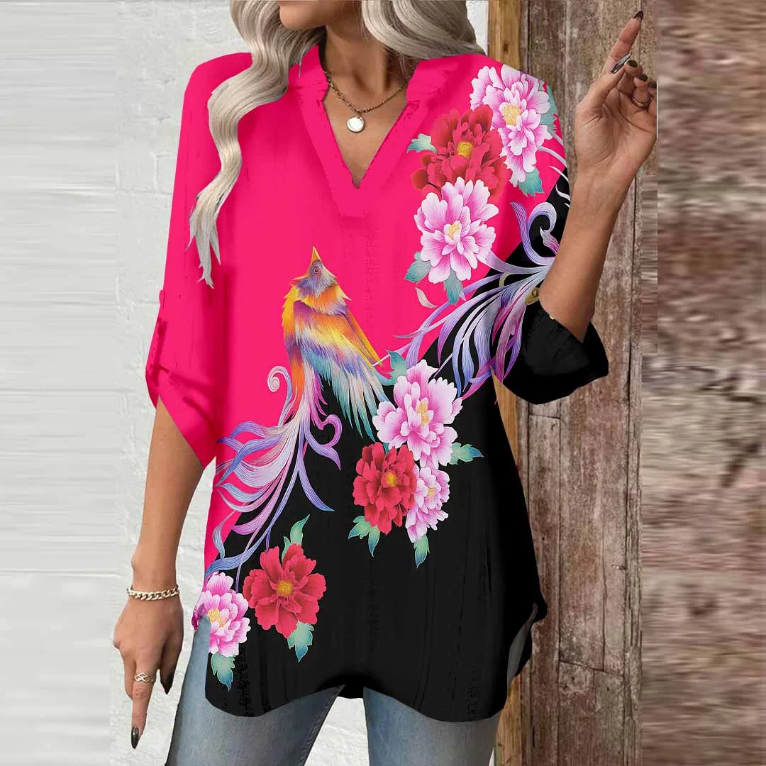 Women Floral, Rose Red, Black DZGA0708 3/4 Sleeve V-neck Printed Graphic Button Tops