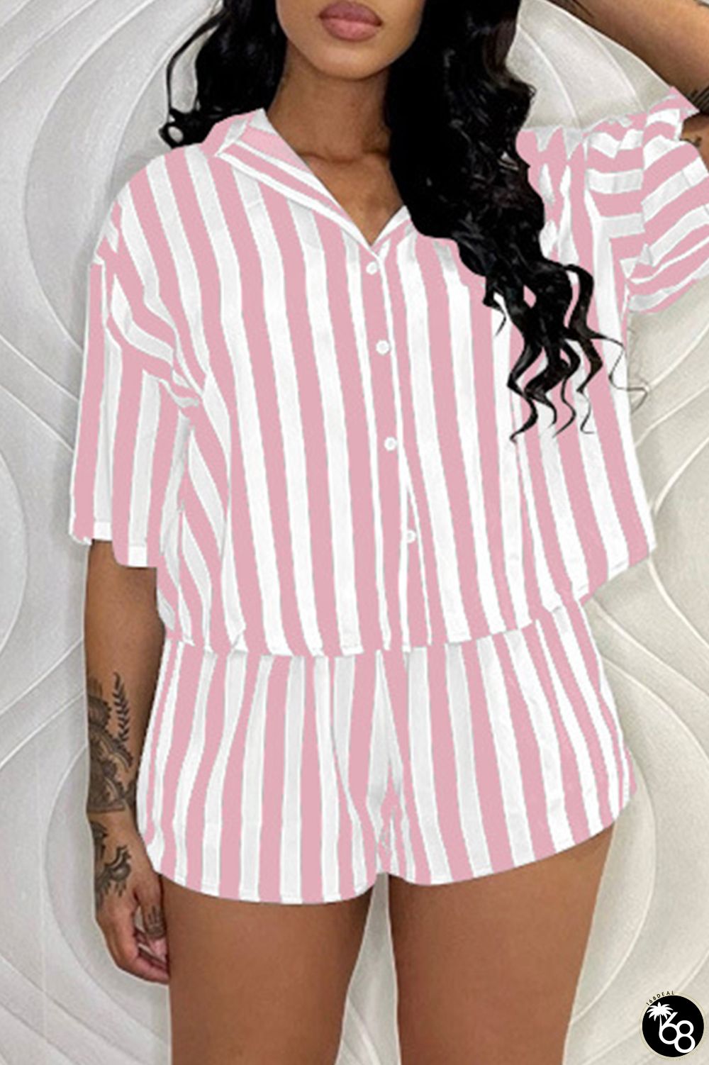 Pink Casual Striped Print Patchwork Turndown Collar Short Sleeve Two Pieces | 168DEAL