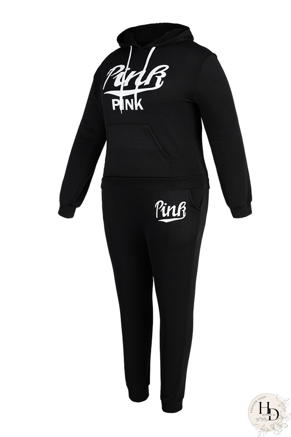 Black Fashion Casual Letter Print Basic Hooded Collar Plus Size Two Pieces