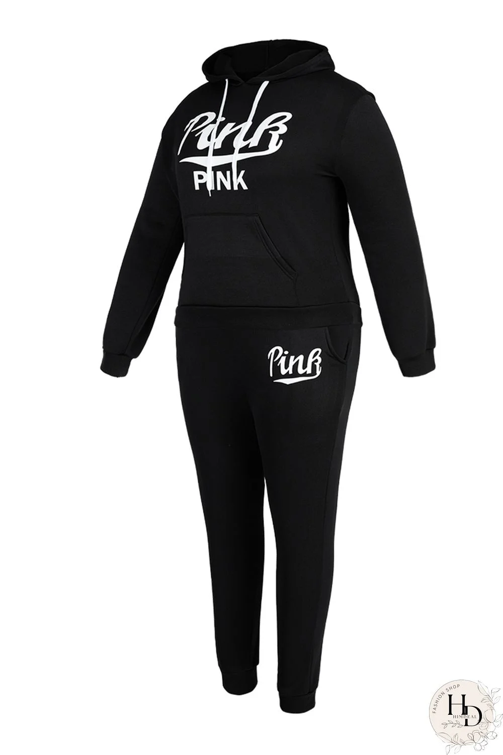 Black Fashion Casual Letter Print Basic Hooded Collar Plus Size Two Pieces