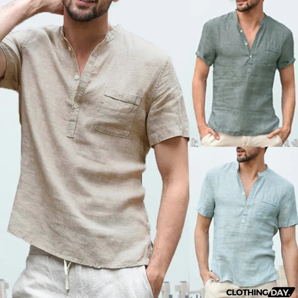 Summer Men Linen Short-Sleeved Stand Collar Buttoned Half-Open Shirt