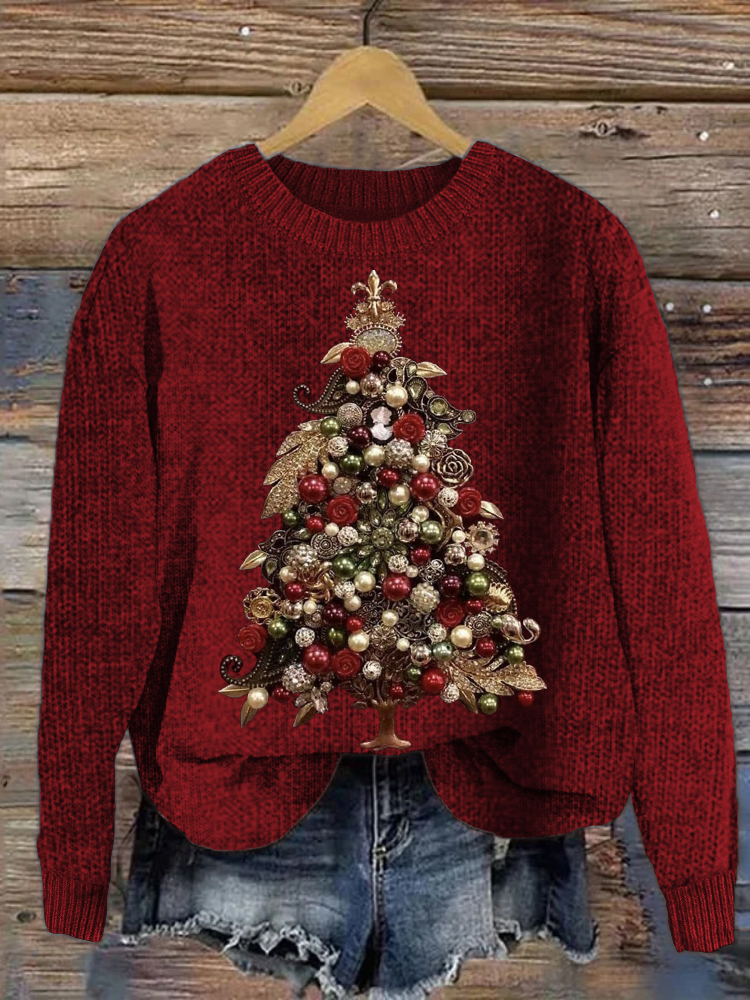 Comstylish Elegant Christmas Tree Jewel Art Cozy Knit Sweater