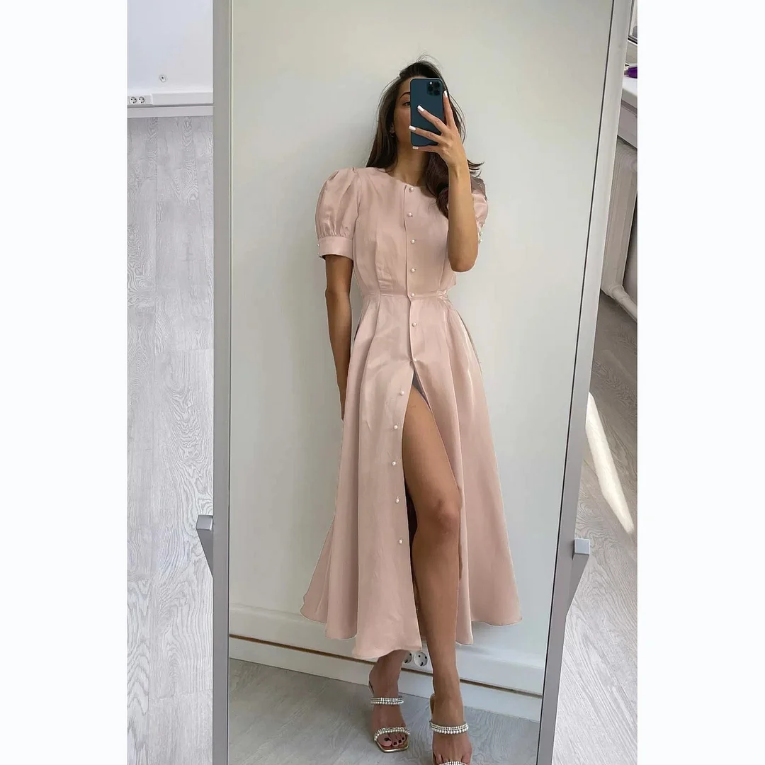 Brownm Style Summer Fashion Waist-controlled Single-breasted Commuter Dress