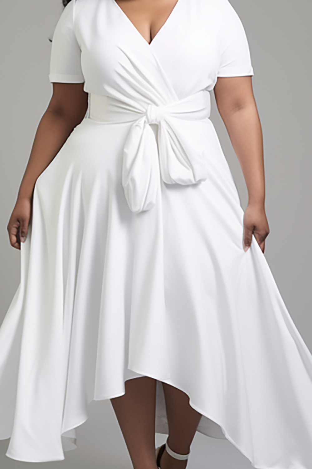 Design Plus Size Daily White Wrap Neck Short Sleeve Asymmetric Hem Peplum Knitted Maxi Dresses [Pre-Order]