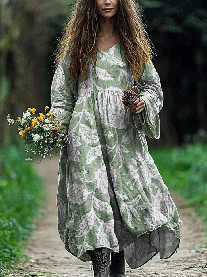 Women's Vintage Lovely Floral Art Print Pocket Cotton Dress