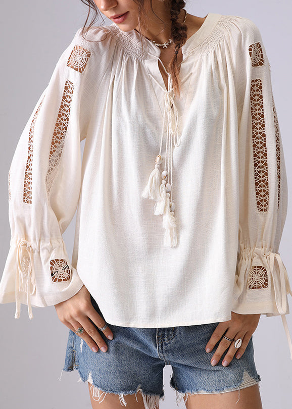 Women Apricot Hollow Out Lace Up Shirt Flare Sleeve