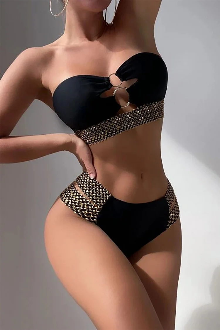 Pattern Print Cut Out Ring Decor Strapless Bikini Two-Piece Set