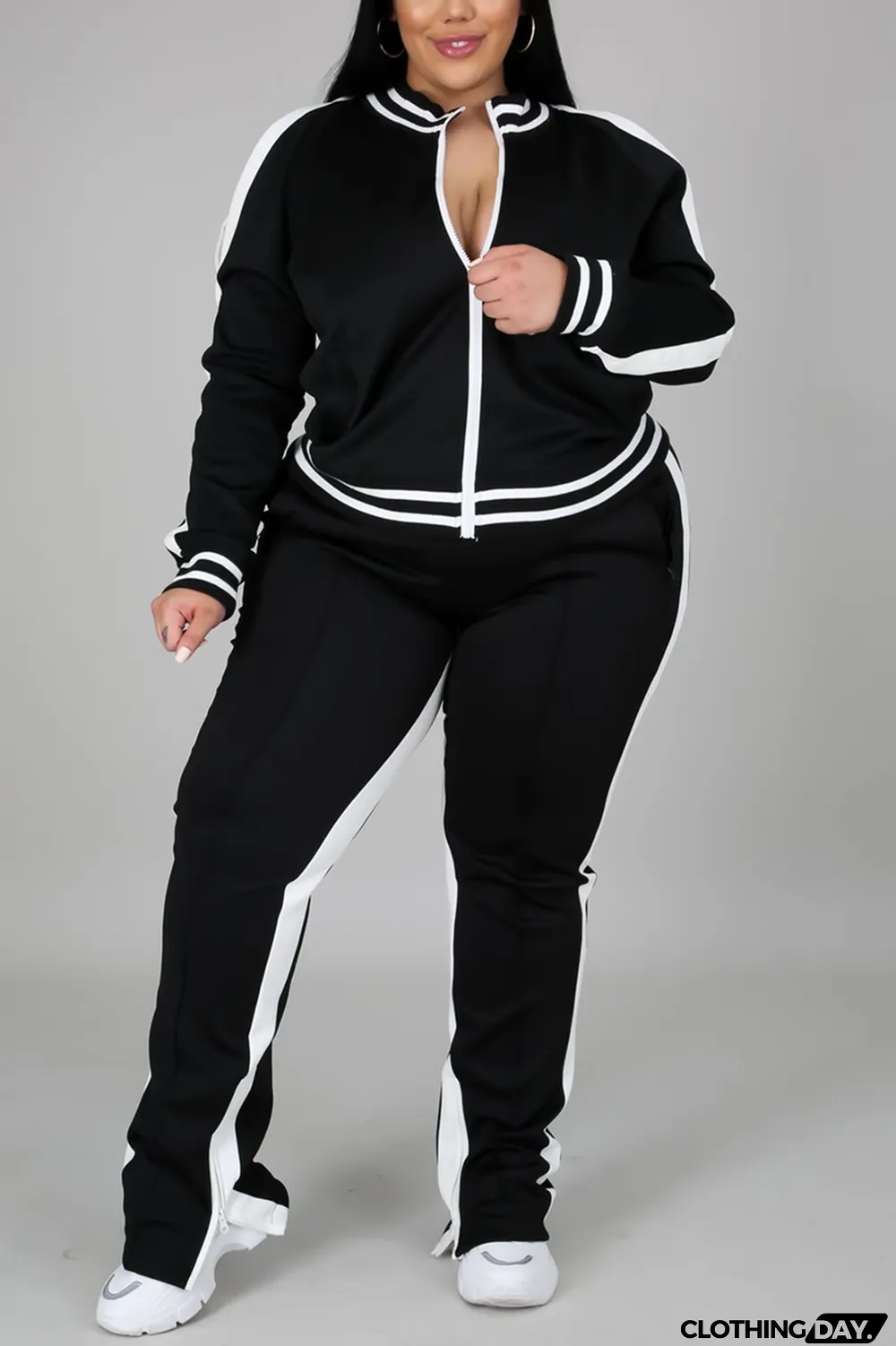 Black Fashion Casual Sportswear Zipper Collar Long Sleeve Regular Sleeve Patchwork Plus Size Set