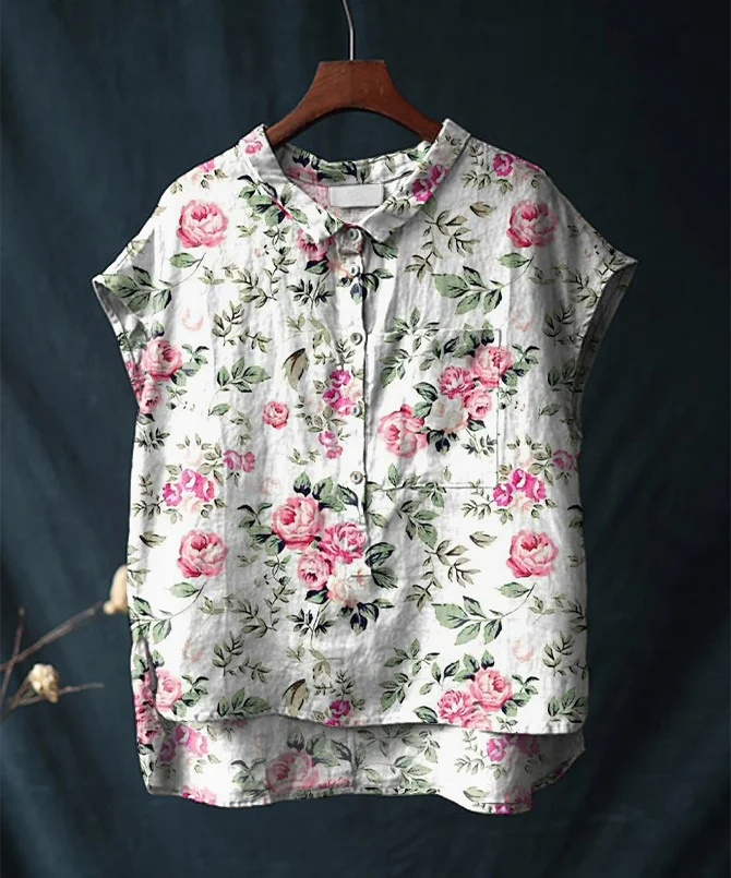 Vintage Rose Floral Print Short Sleeve Cotton and Linen Shirt