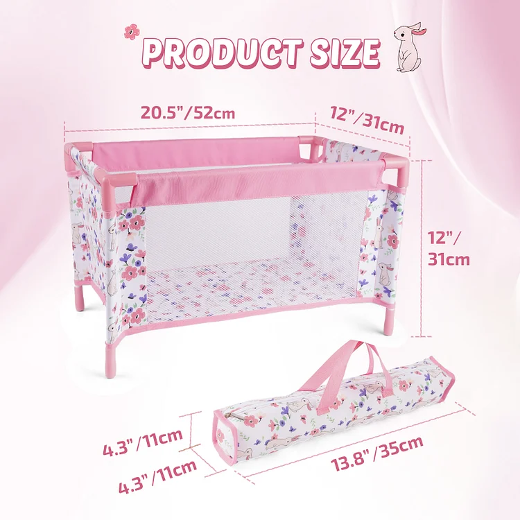 17"-22" Pink Retractable Love Printed Bed for Reborn Baby 2-Pieces Living Accessories
