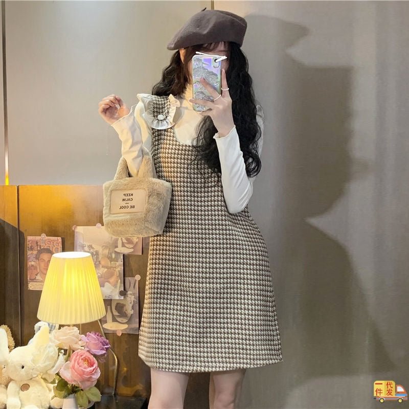 Little Style Woollen Cloth Suspender Skirt Houndstooth Lace Slimming Patchwork Temperament Jumpsuit Short Slip Dresses