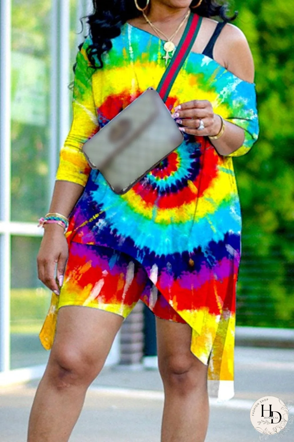 Fashion Casual Print Tie Dye Asymmetrical Oblique Collar Plus Size Two Pieces