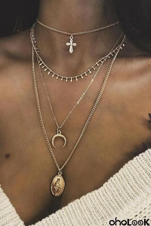 Cross Moon Layers Necklace