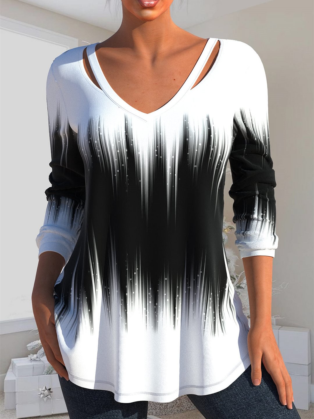 Women Long Sleeve V-neck Graphic Printed Top