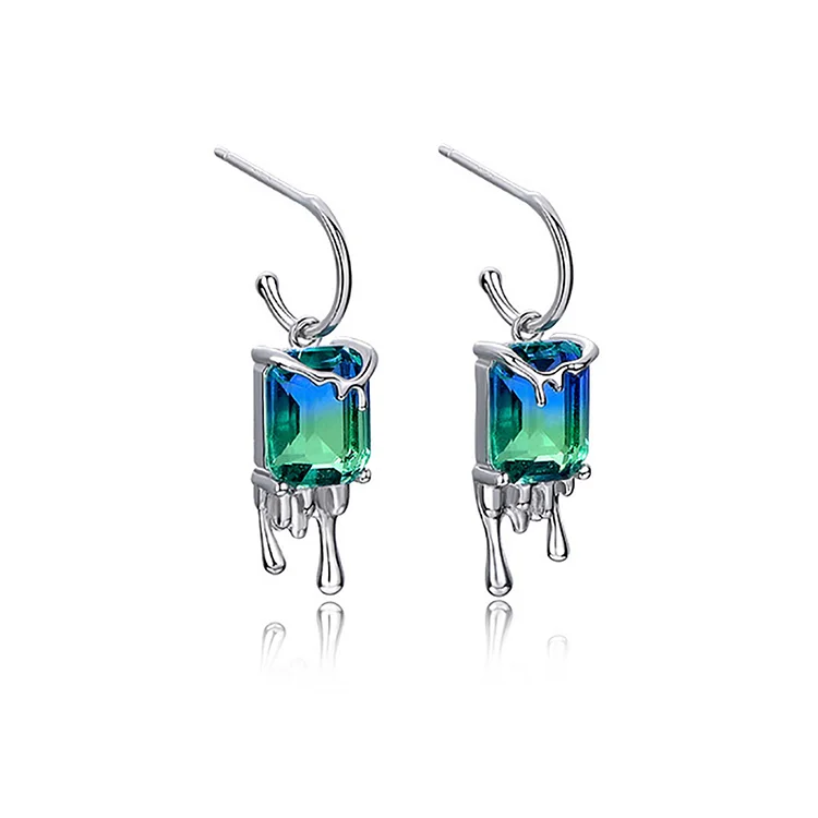 Crystal Blue and Green Square Stud Earrings Sterling Silver
