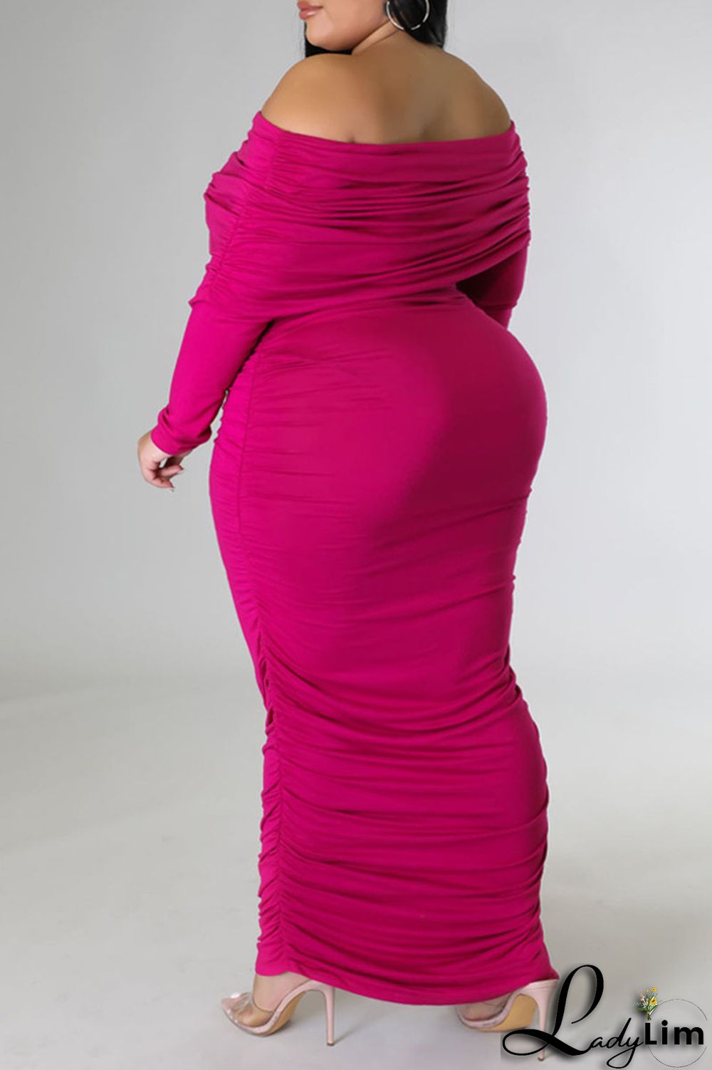 Rose Red Sexy Solid Patchwork Fold Off the Shoulder Pencil Skirt Plus Size Dresses