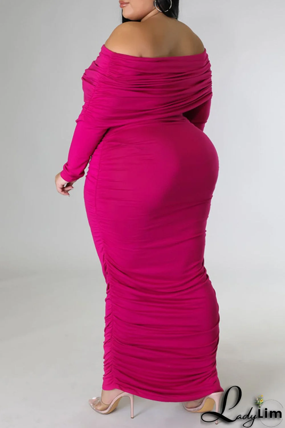 Rose Red Sexy Solid Patchwork Fold Off the Shoulder Pencil Skirt Plus Size Dresses